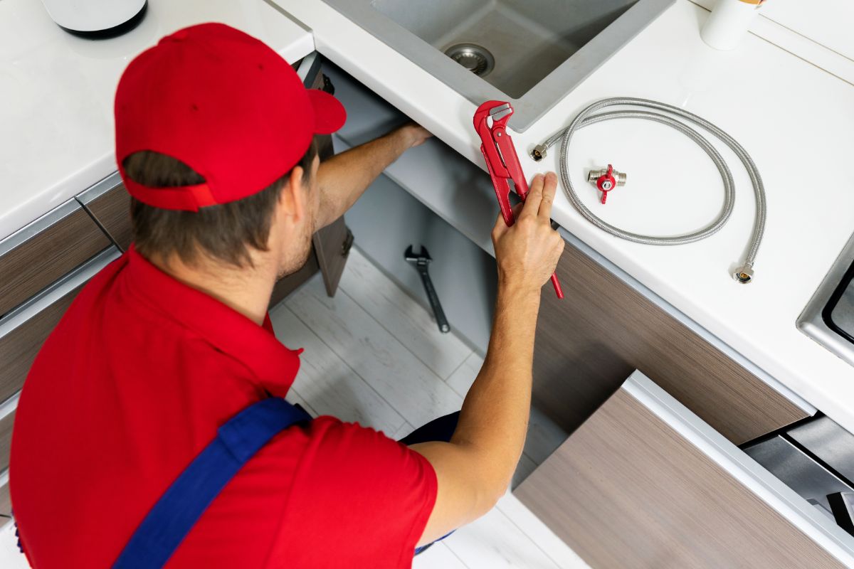 Plumbing services plumber working in domestic kitchen