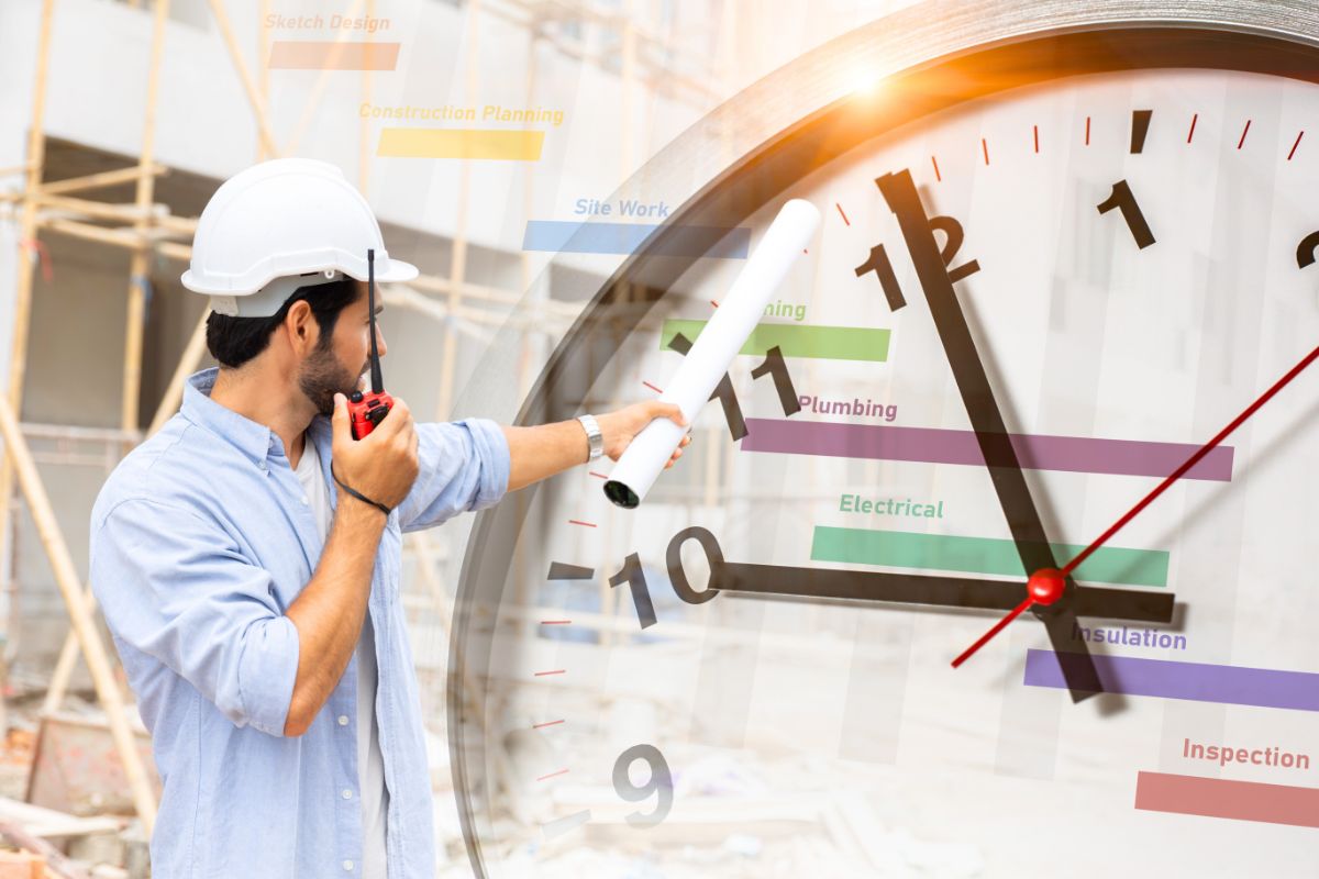 Construction worker with schedule project timeline and working time