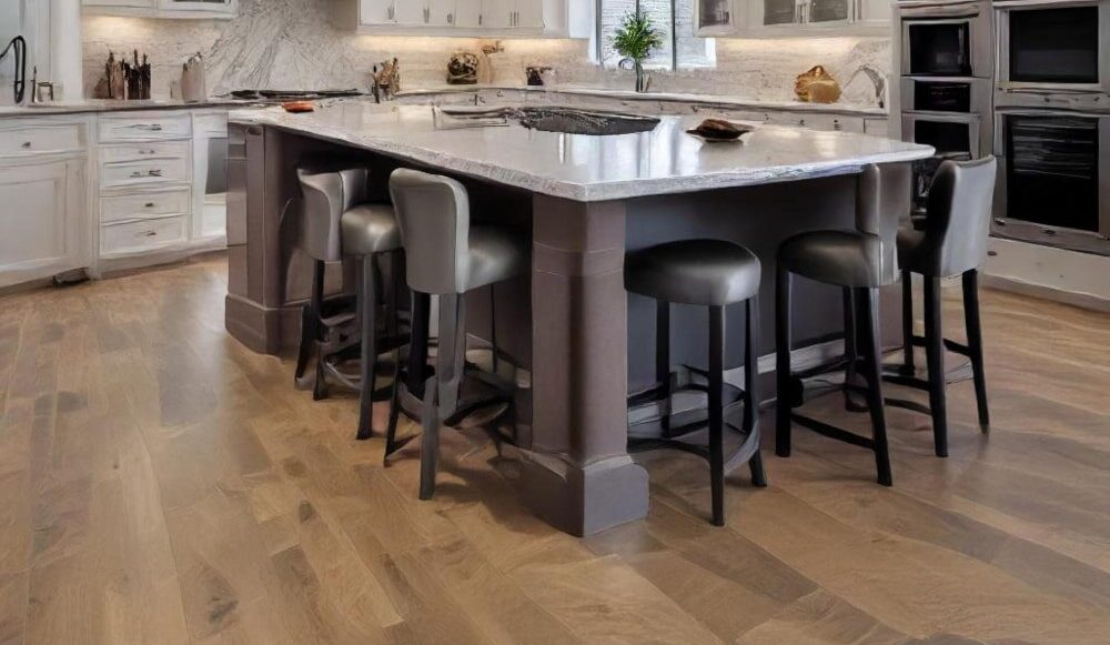 Hardwood flooring in a remodeled kitchen, illustrating kitchen remodel cost impacts.