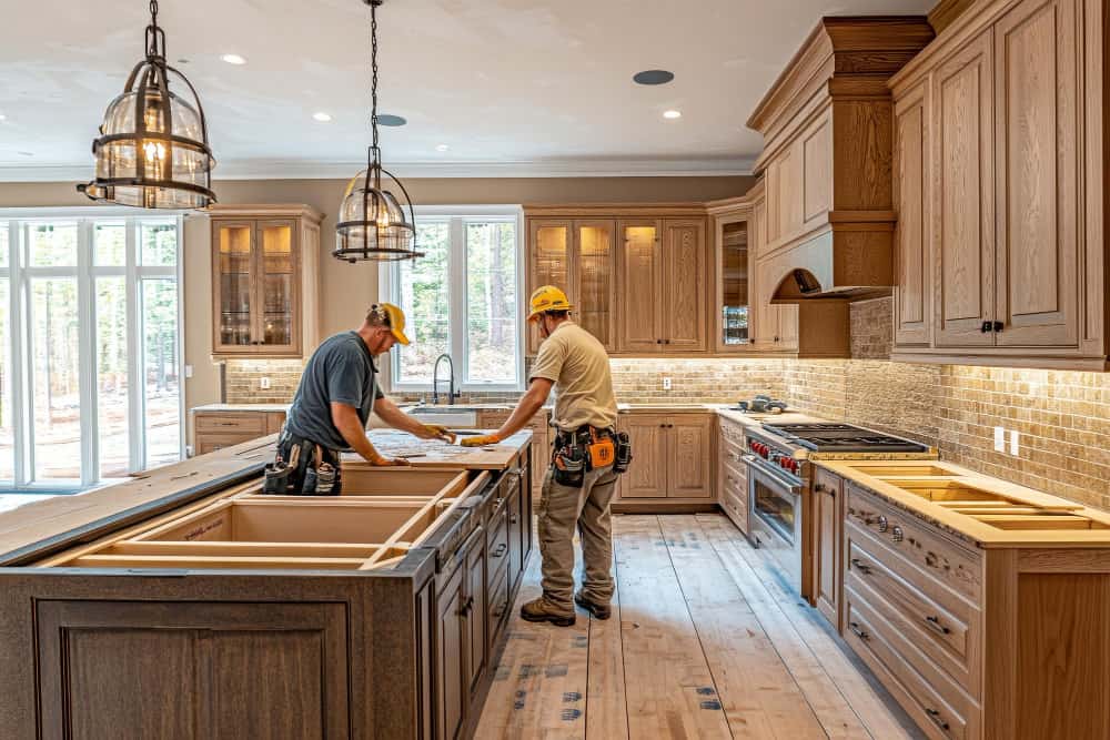 Kitchen Remodeling Contractors Installing new Cabinets and Countertops.