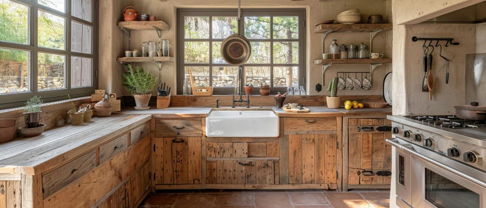 Rustic kitchen cabinets made from reclaimed wood, adding warmth and charm to the space.