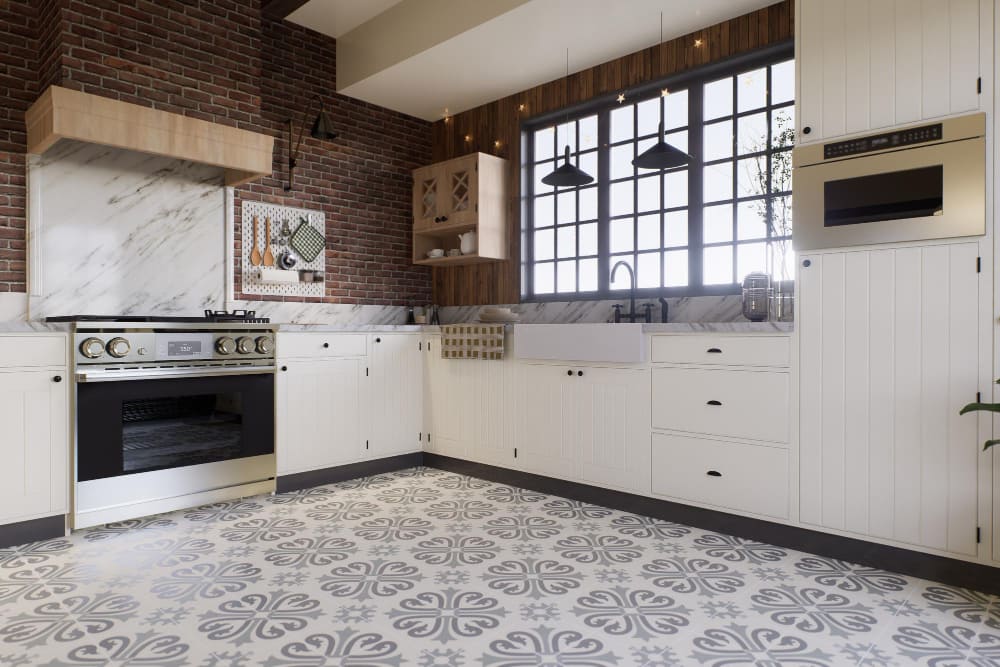 Elegant porcelain tile flooring in a spacious kitchen design.