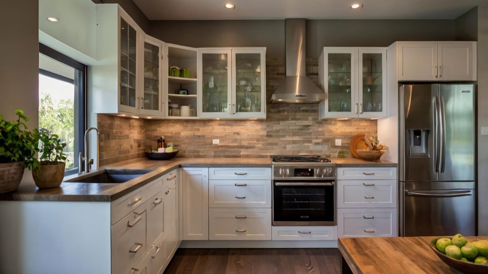 Spacious L-shaped kitchen layout with dining area.