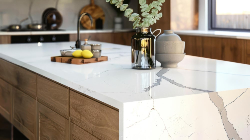 Quartz countertop in a modern kitchen, highlighting kitchen remodel cost considerations.