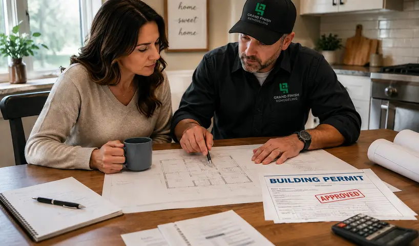 Homeowner and contractor wearing Grand Finish Remodeling branded apparel review building plans and an approved permit at a kitchen table before starting a remodeling project.