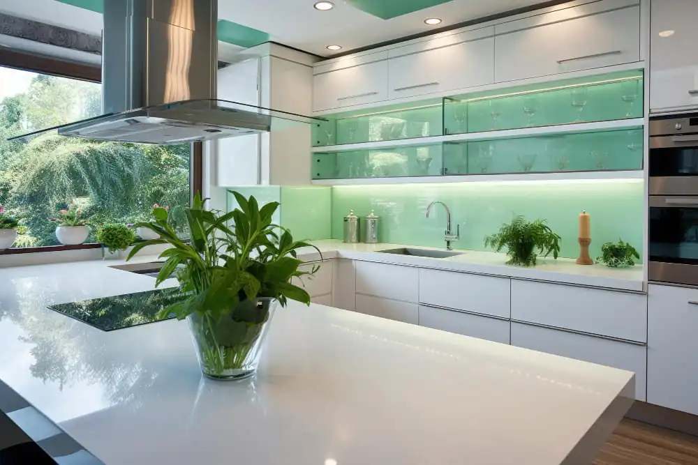 Vibrant recycled glass countertops in a kitchen, demonstrating eco-friendly design with a stunning finish.