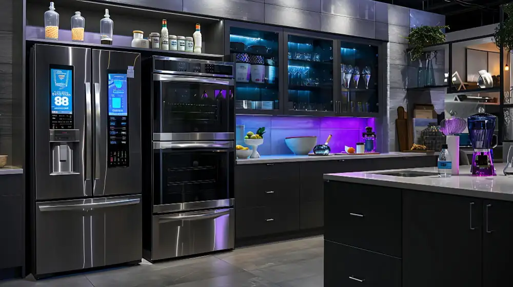 Smart refrigerator featuring a touchscreen display for managing groceries and meal planning easily.