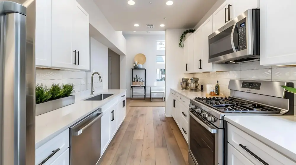 Narrow galley kitchen layout with optimal storage.