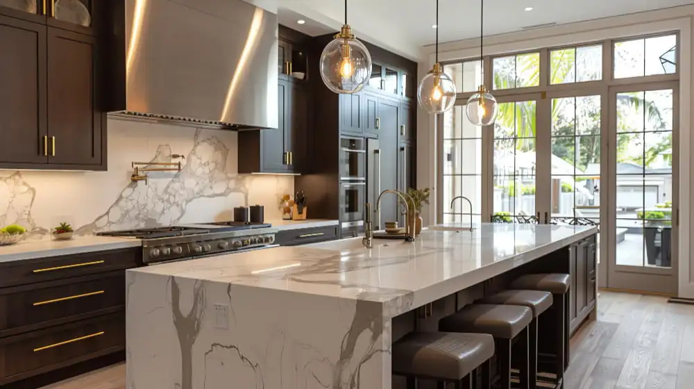 Modern island kitchen layout with stylish seating.