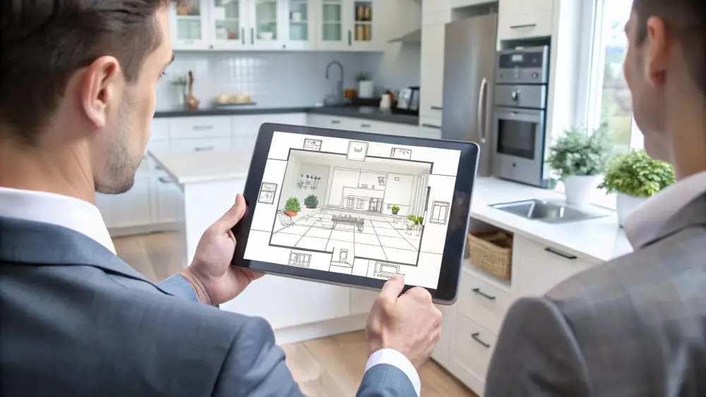 A kitchen remodeling contractor show a kitchen layout on a tablet to his client