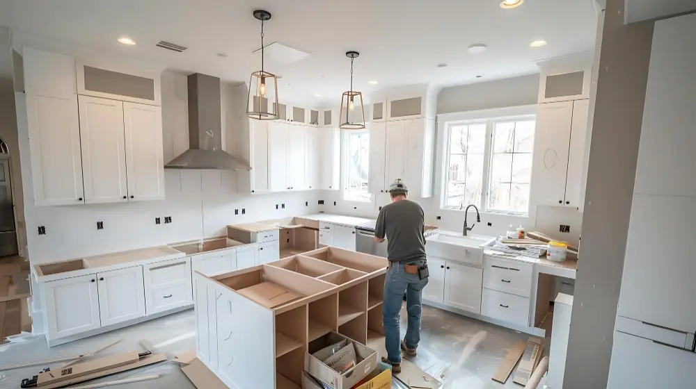 Worker installing cabinets during a kitchen remodel, highlighting labor costs in kitchen remodel cost breakdown.