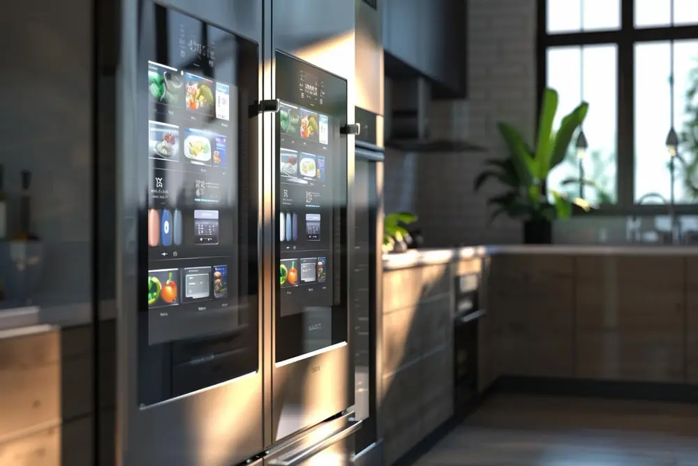 Smart refrigerator featuring a sleek design, touchscreen interface, and organized storage compartments, showcasing its role as an essential kitchen appliances.