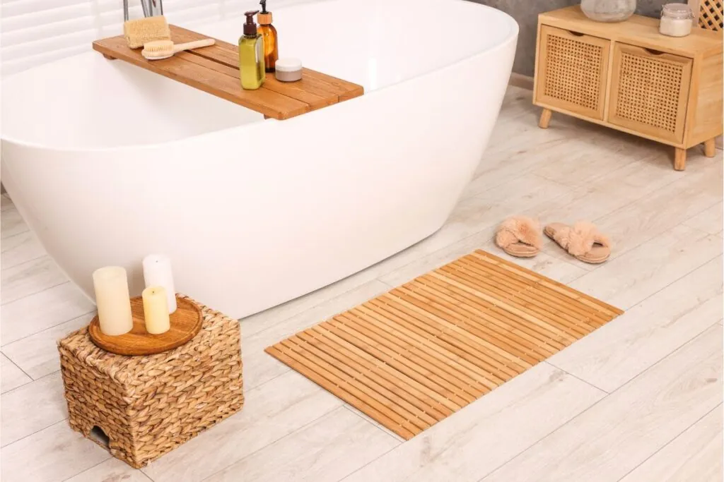 stylish bathroom interior with bamboo bath mat and white tub