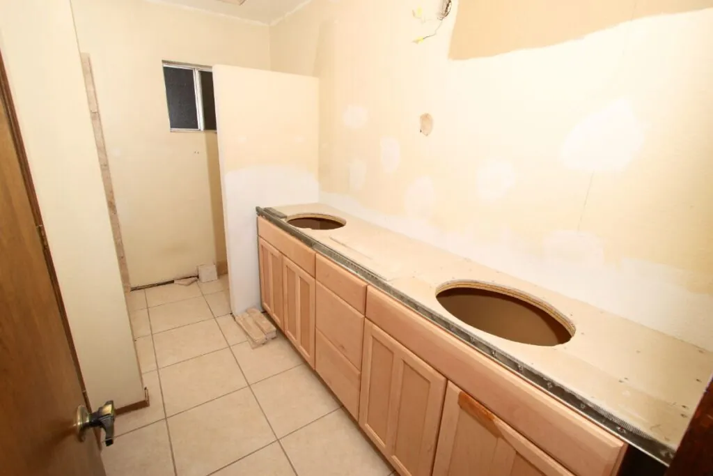 bathroom remodel wooden cabinets