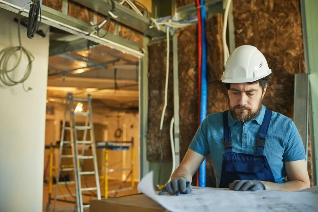 contractors looking at basement plan