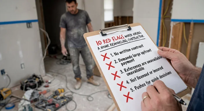 Close-up of a person's hands holding a clipboard with a checklist titled '10 Red Flags When Hiring a Home Remodeling Contractor'. The list includes items like 'No written contract' and 'Demands large upfront payment' marked with red 'X's. In the blurred background, a contractor stands in a messy room under construction.